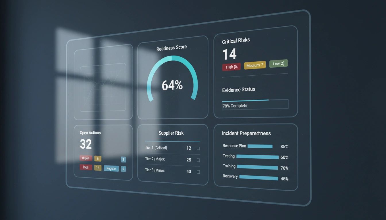 Board-level NIS2 compliance reporting dashboard with readiness score, critical risks, evidence status, and incident preparedness widgets