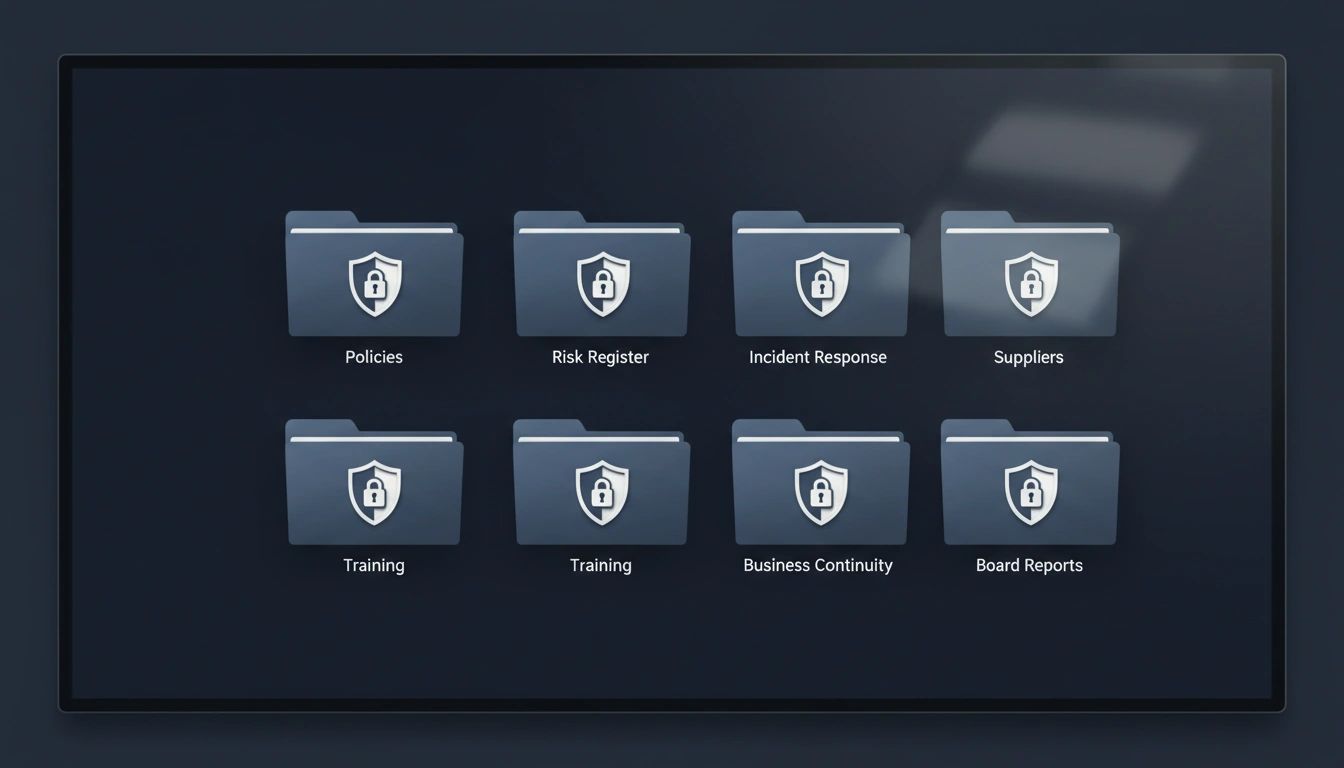 Enterprise evidence vault showing secure folders for Policies, Risk Register, Incident Response, Suppliers, Training, and Board Reports