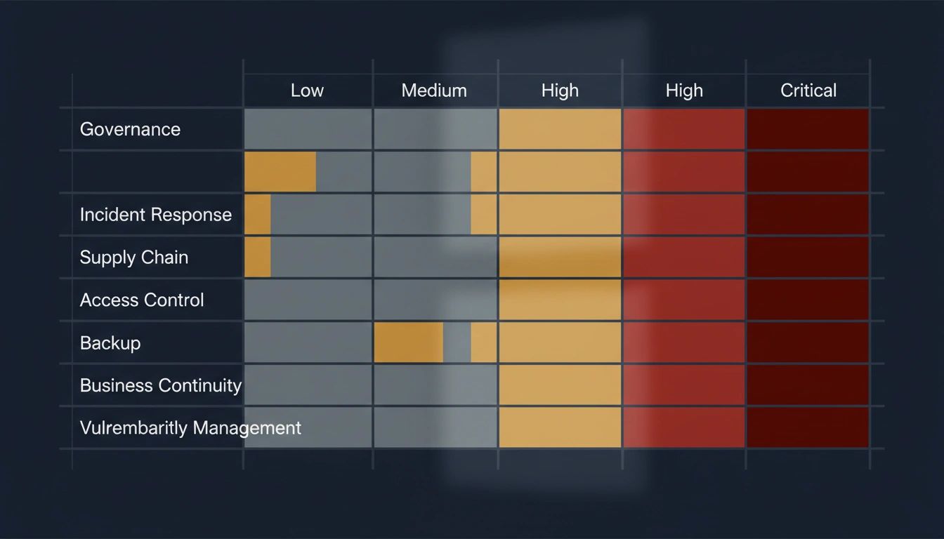 NIS2 cyber-risk heatmap showing governance, incident response, supply chain, and other risk categories