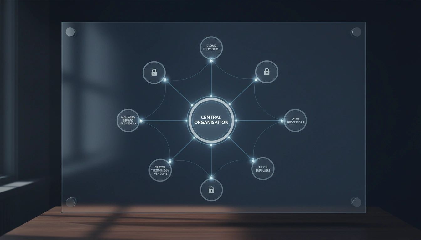 Supply chain risk network diagram showing central organisation connected to cloud providers, MSPs, data processors, and vendors